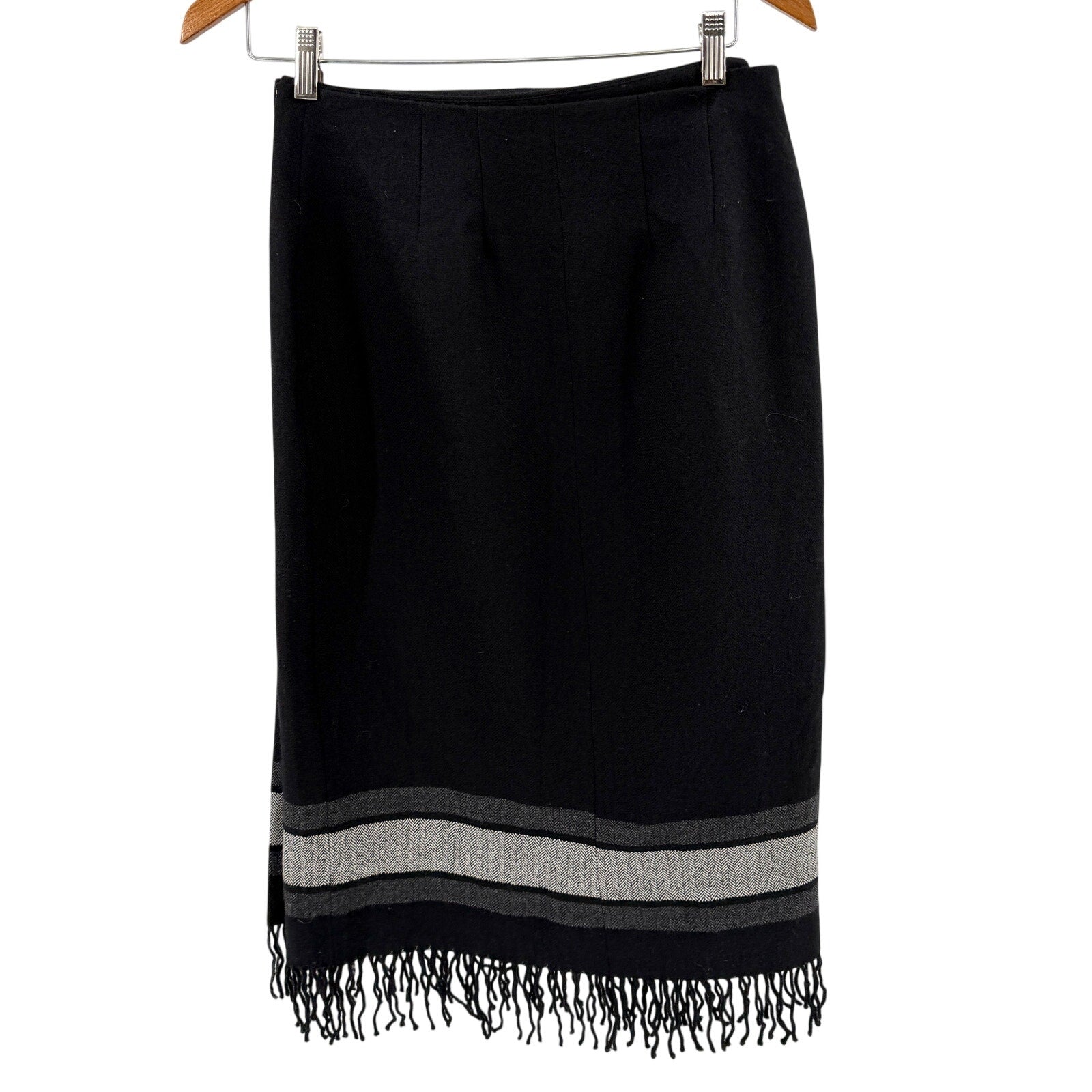 Vintage 90s David N Black Gray 100% Wool Fringe Wrap Midi Skirt