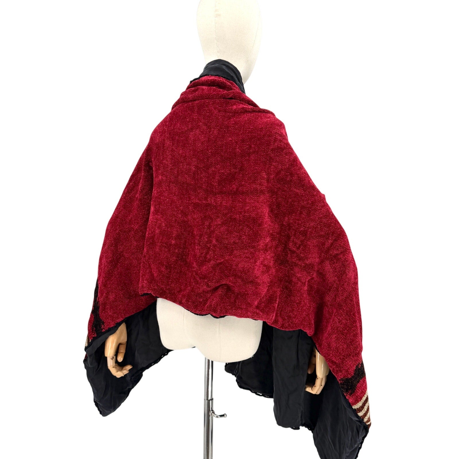 Vintage 90s Aztec Red Black Chenille Woven Wrap Blanket Poncho Shawl