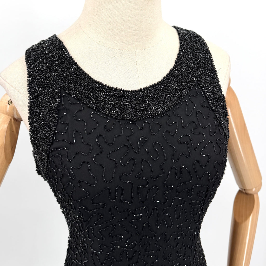 Vintage 90s Laurence Kazar Black 100% Silk Fully Beaded Cocktail Mini Dress