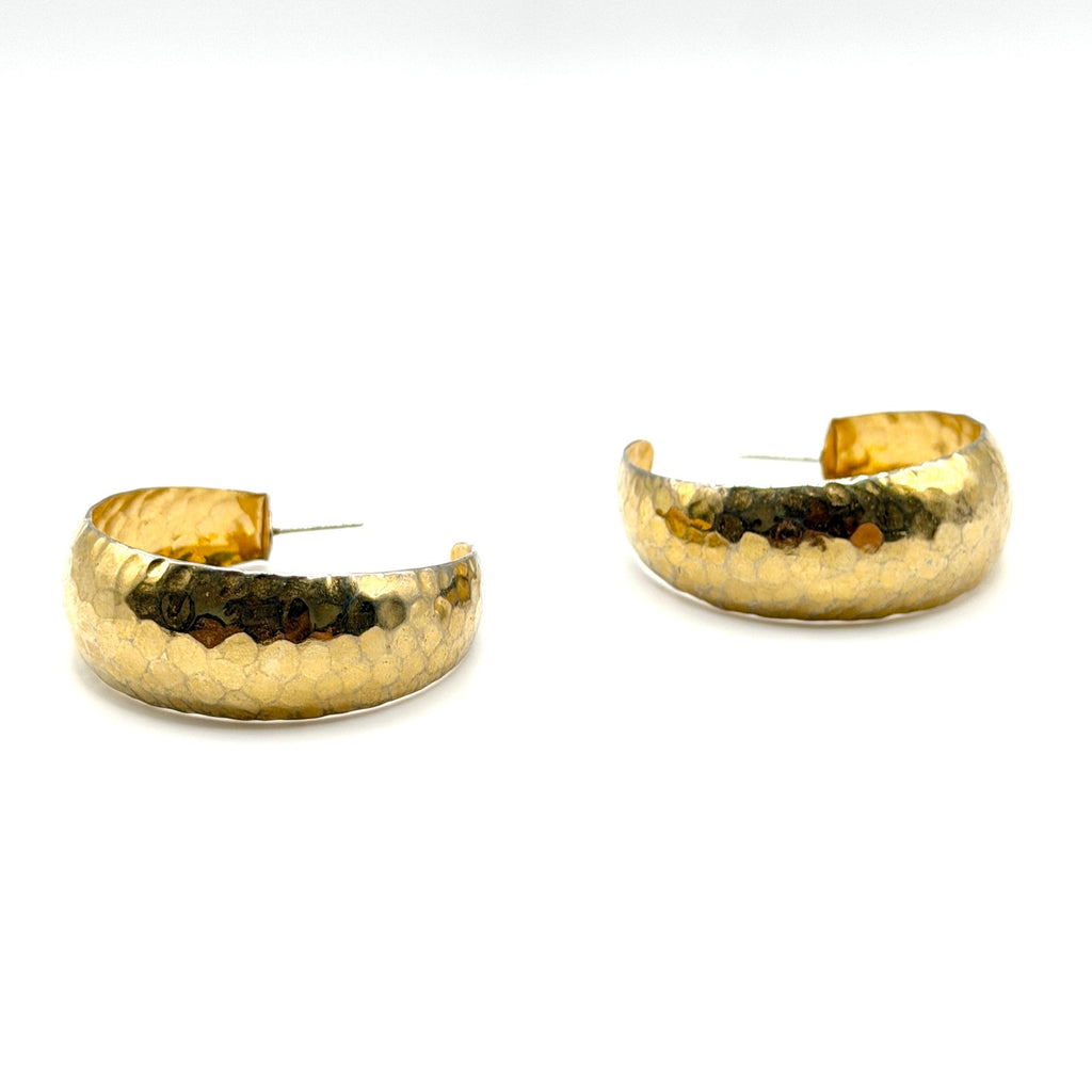 Vintage 90s Gold Tone Geometric Chunky Hammered Textured Open Hoop Earrings