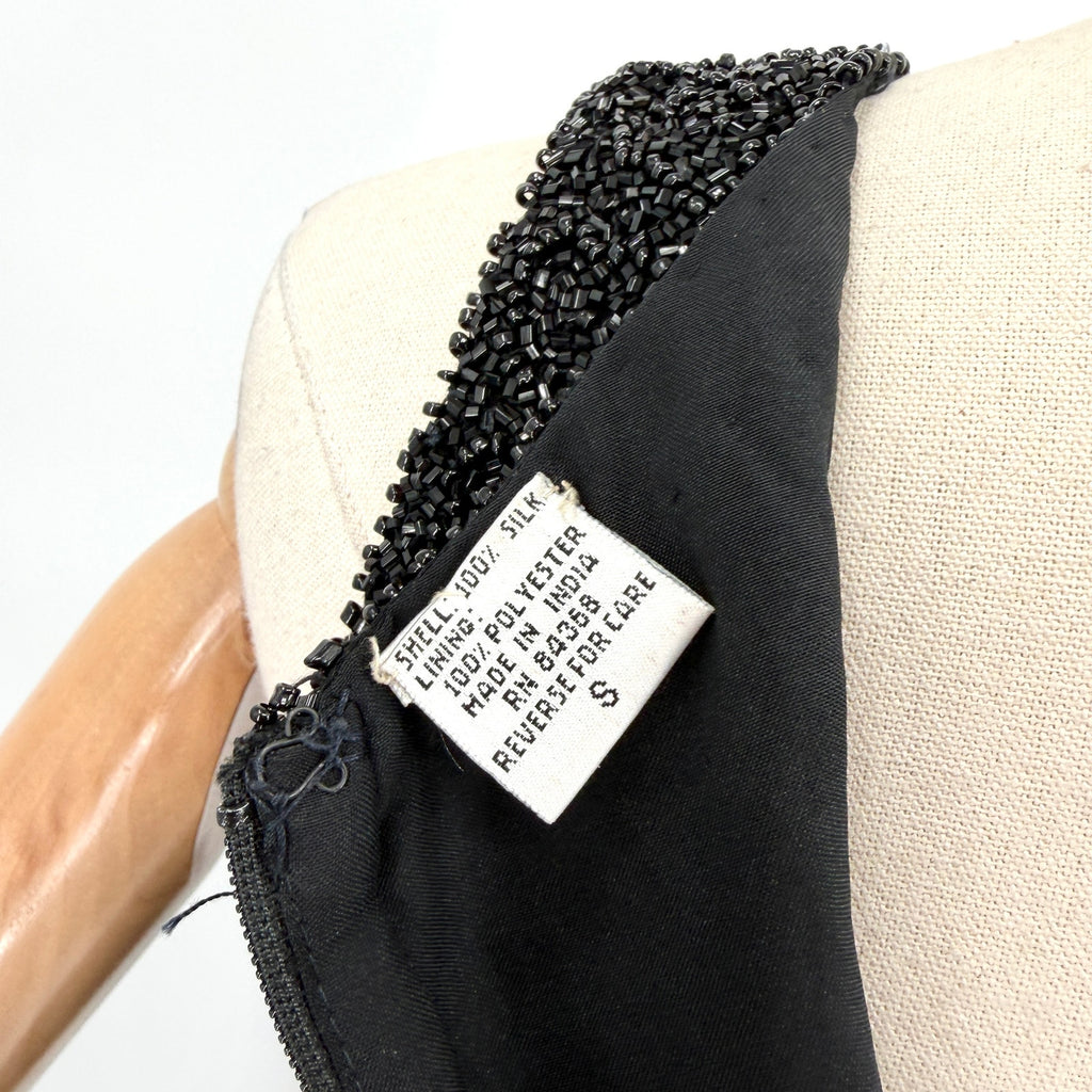 Vintage 90s Laurence Kazar Black 100% Silk Fully Beaded Cocktail Mini Dress