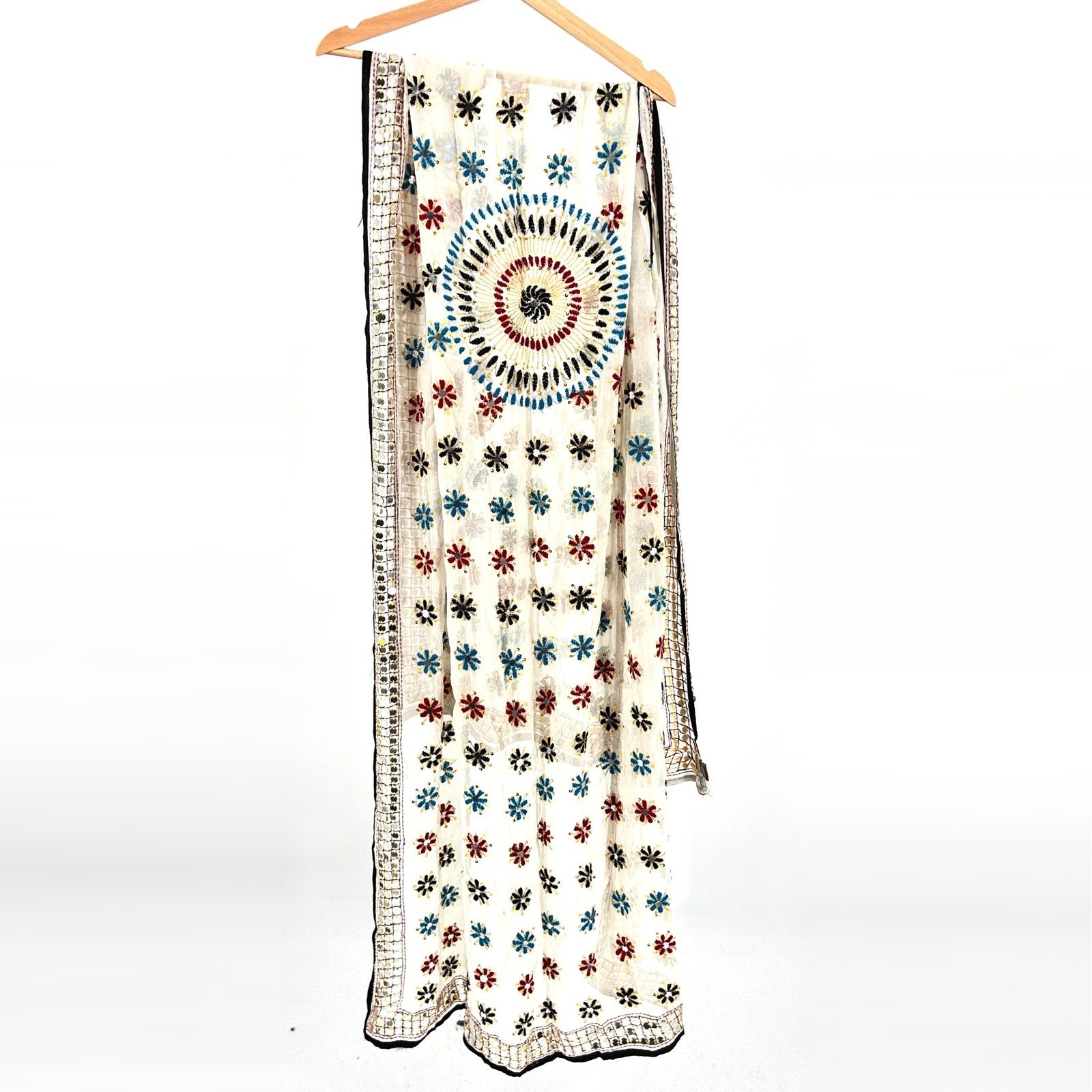 Vintage 90s Indian Dupatta Ivory Multicolor Embroidered 100% Silk Scarf