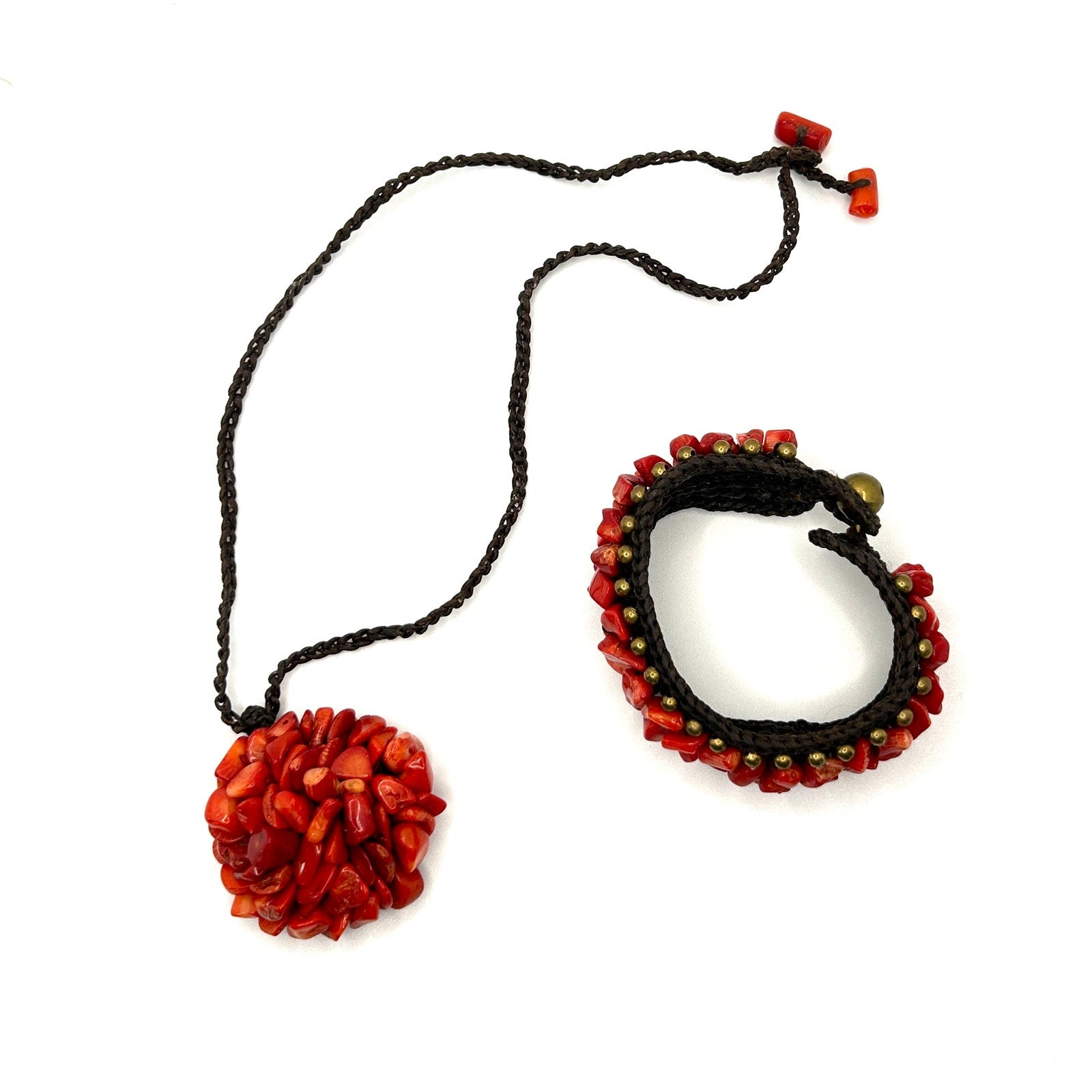 Vintage 90s Genuine Coral Red Nugget Pendant Necklace Bracelet Cuff Set