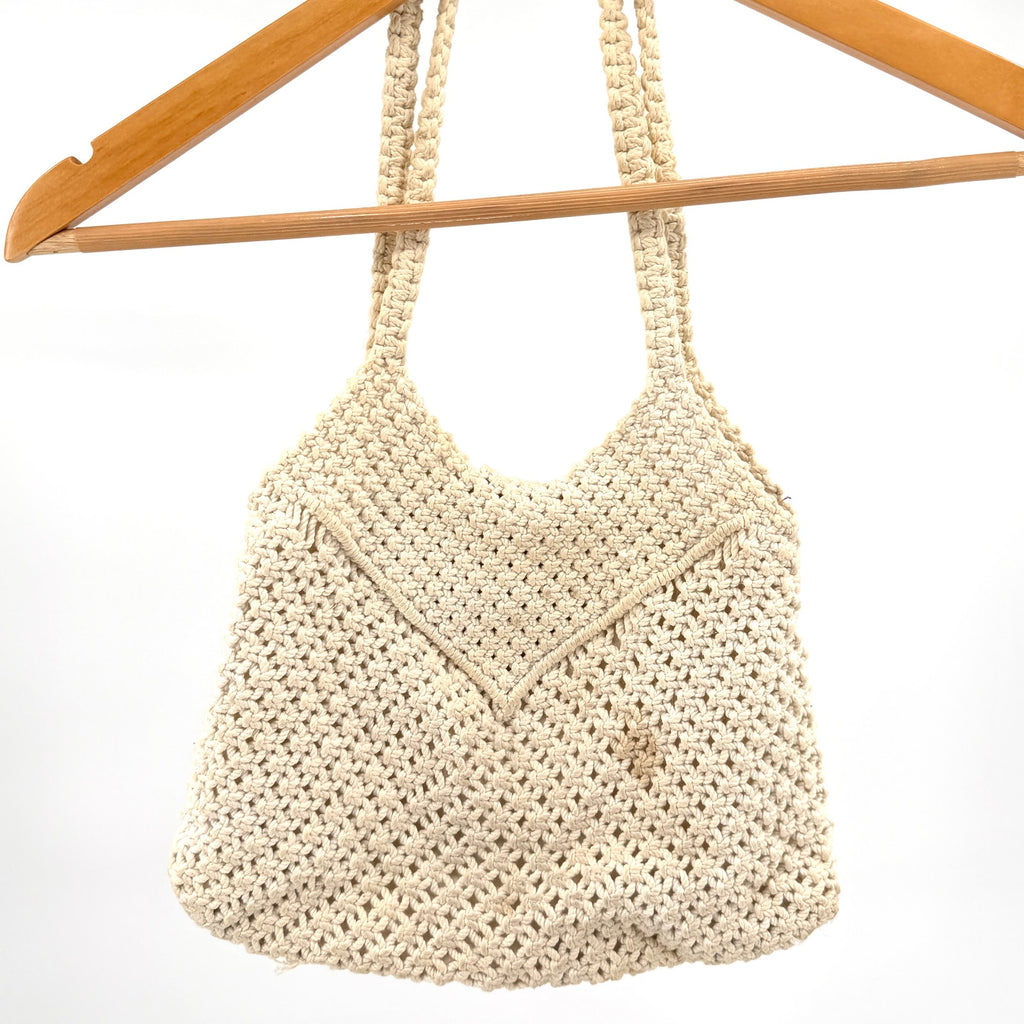 Vintage 80s Handcrafted Philippines Cream Macramé Wooden Button Handbag