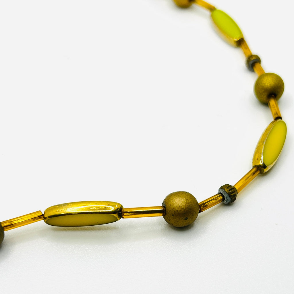Handmade Art Deco-Style Delicate Green Gold Glass + Ceramic Beaded Necklace