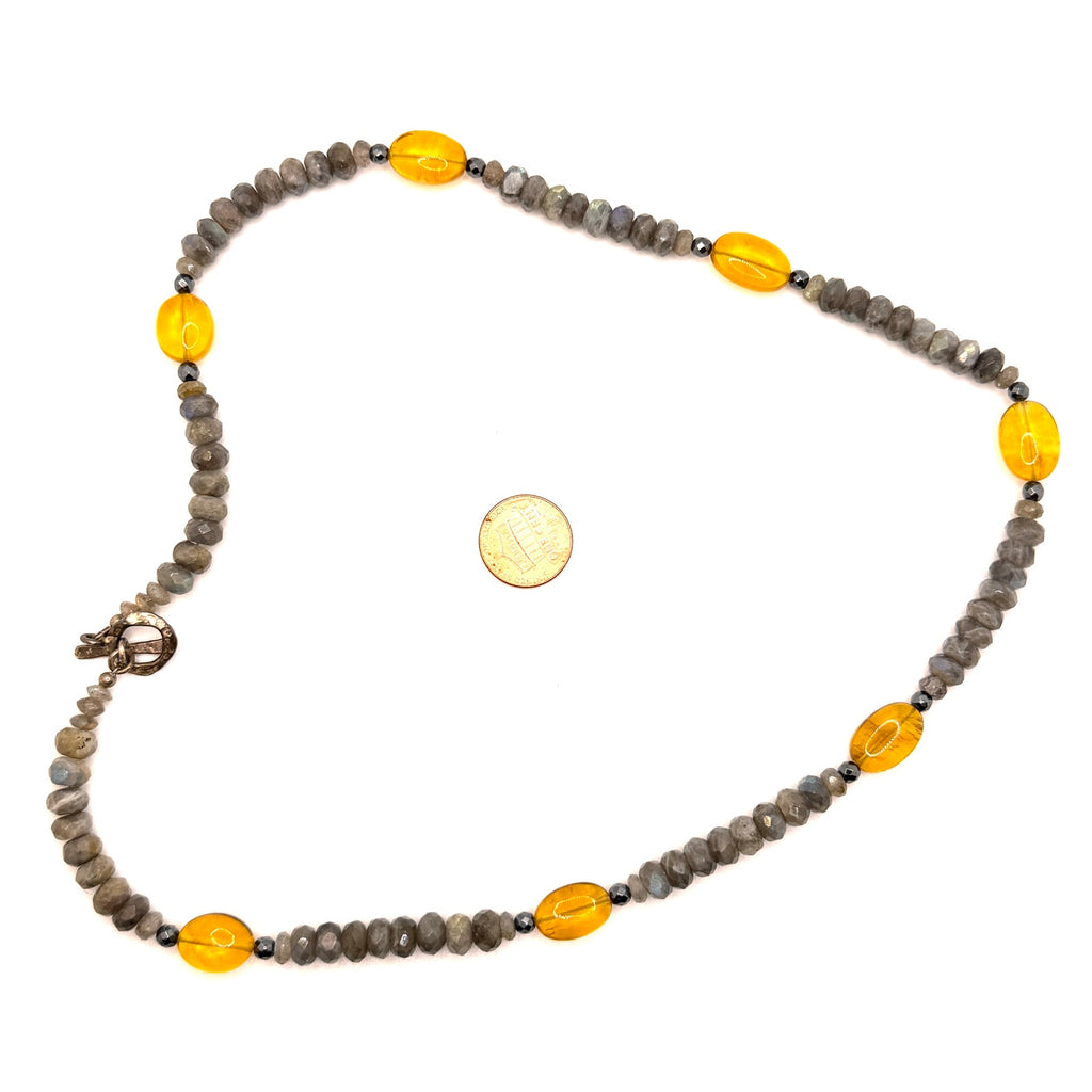 Blue Flash Labradorite Yellow Fluorite Beaded Toggle Necklace