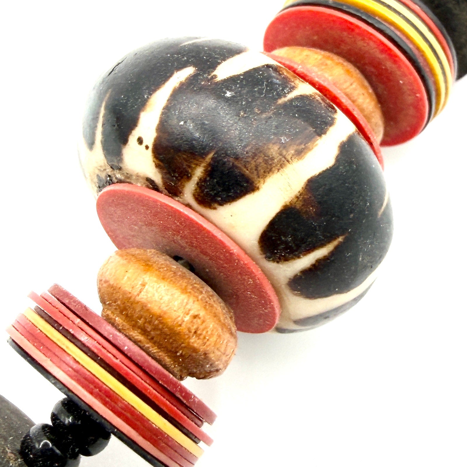Vintage 80s African Wood Batik Bone Bead Red Multi Color Vinyl Disc Necklace