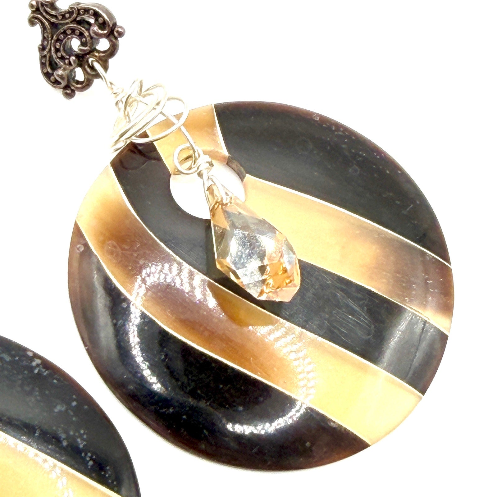Vintage 90s Sterling Silver Black Tan Striped Resin Tribal Maximal Drop Earrings