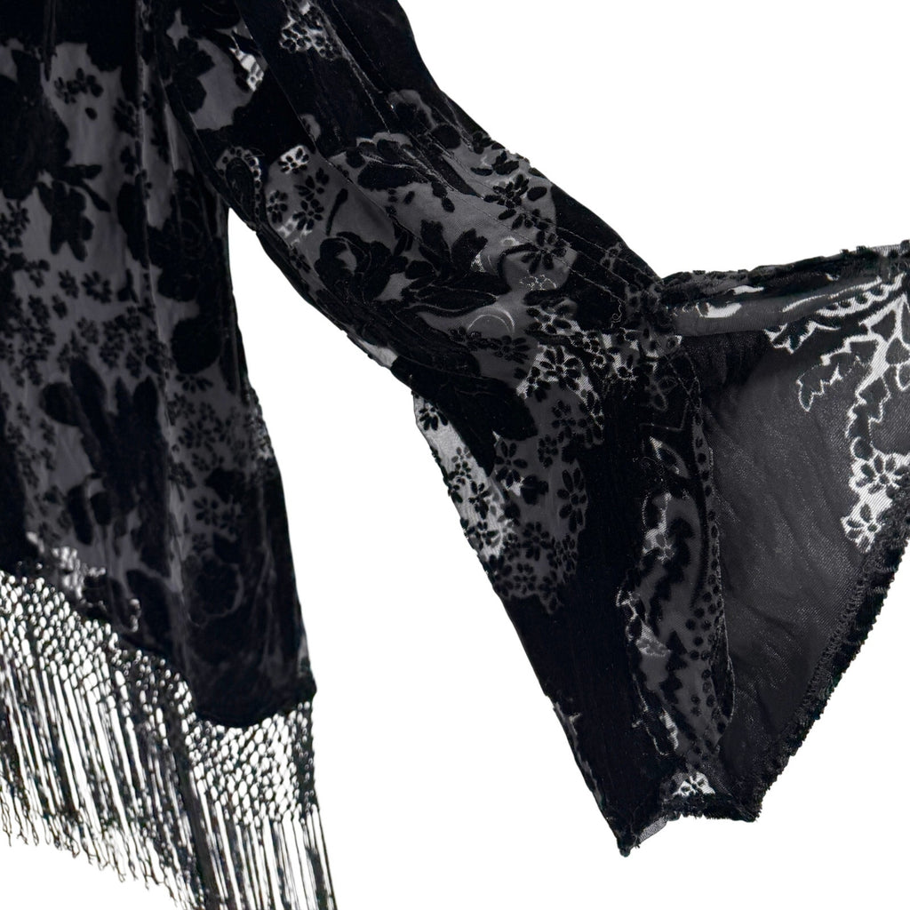 Vintage Y2K Black Burnout Velvet Asymmetrical Fringe Bell Sleeve Blouse