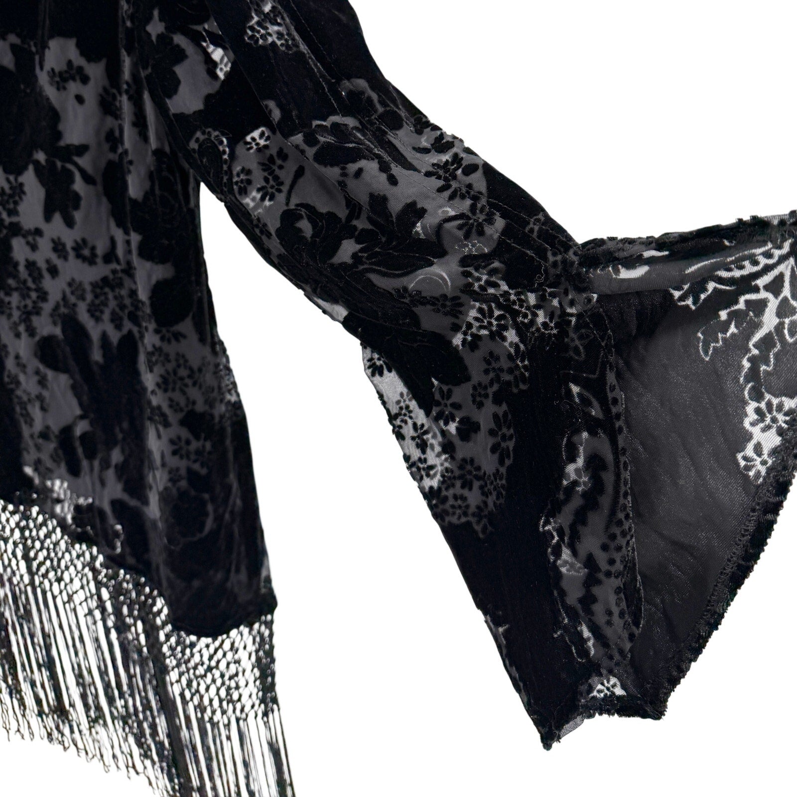 Vintage Y2K Black Burnout Velvet Asymmetrical Fringe Bell Sleeve Blouse