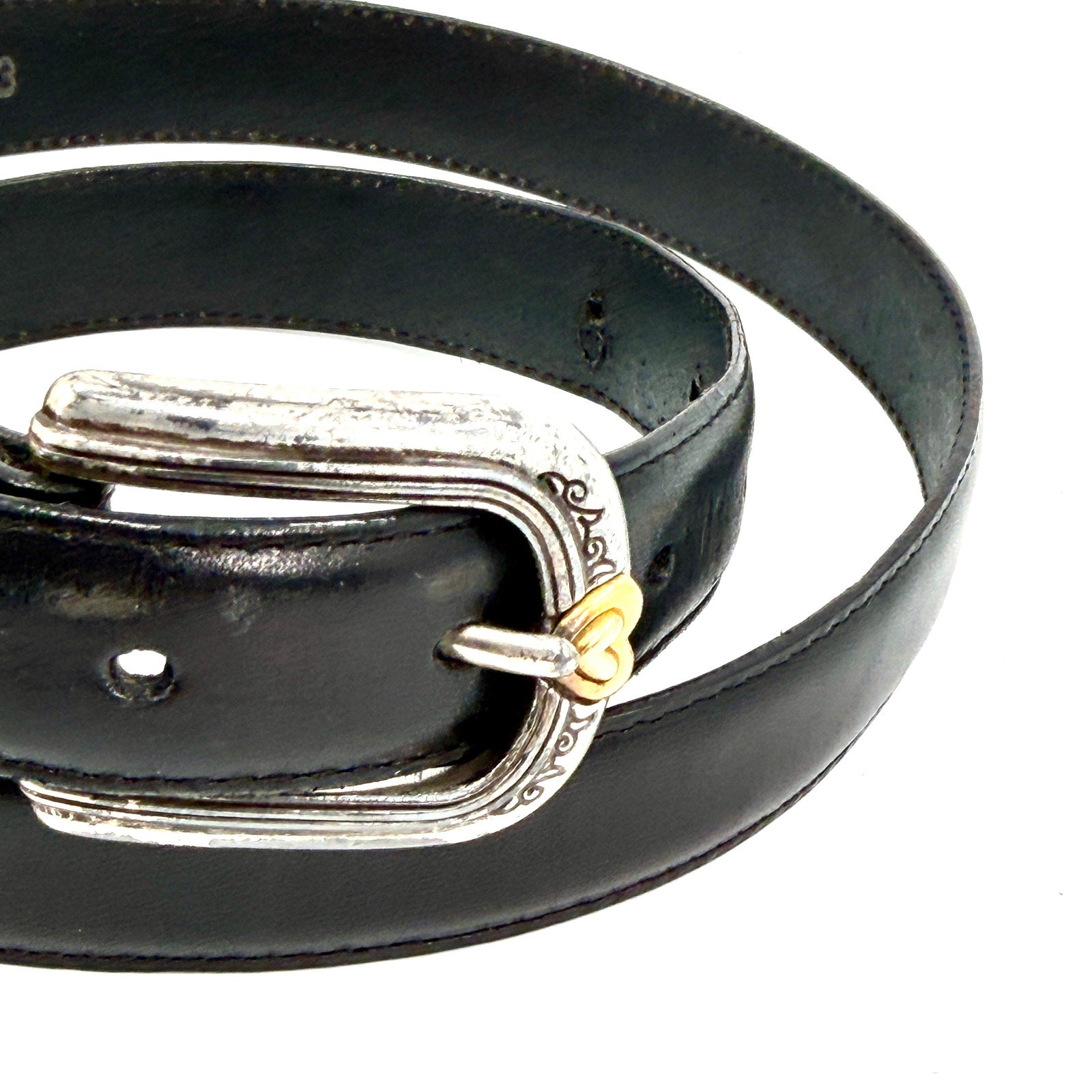 Vintage 90s Brighton Black Genuine Leather Western Heart Star Buckle Belt