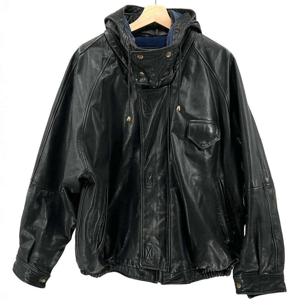 Vintage 90s DAF David Fahren Black Genuine Leather Hooded Bomber Jacket