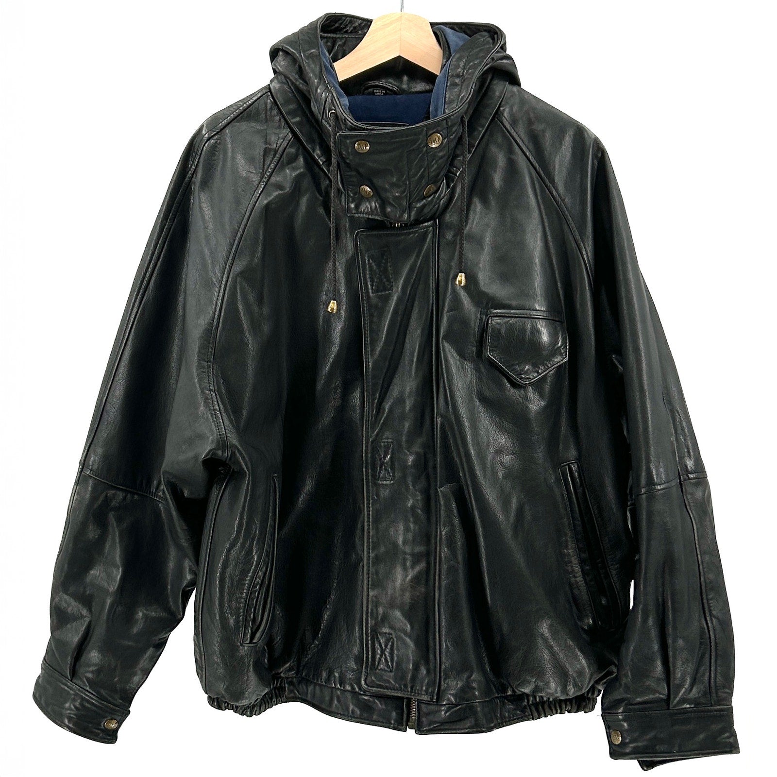 Vintage 90s DAF David Fahren Black Genuine Leather Hooded Bomber Jacket