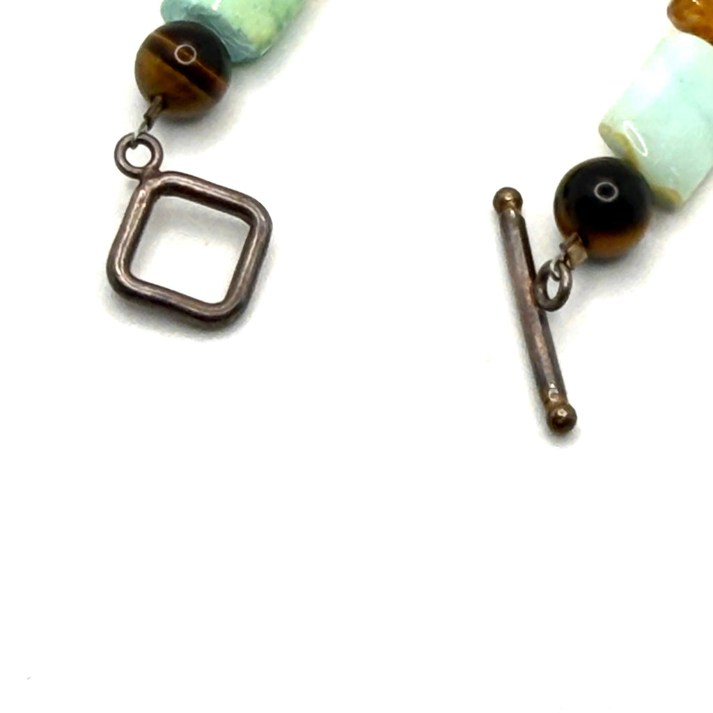 Vintage 90s Blue Green Larimar Citrine Tiger Eye Boho Square Toggle Bracelet