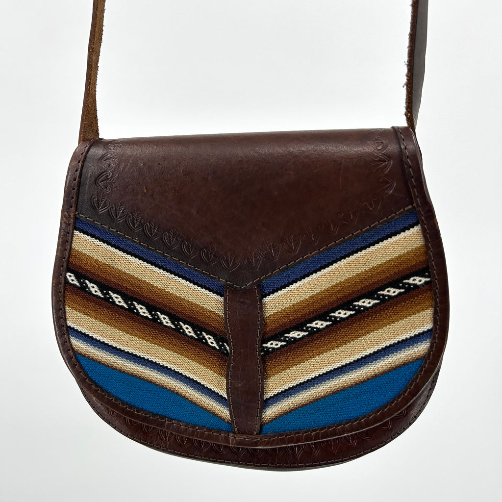 Vintage 90s Hand-Tooled Brown Leather Purse with Blue Fabric Inlay