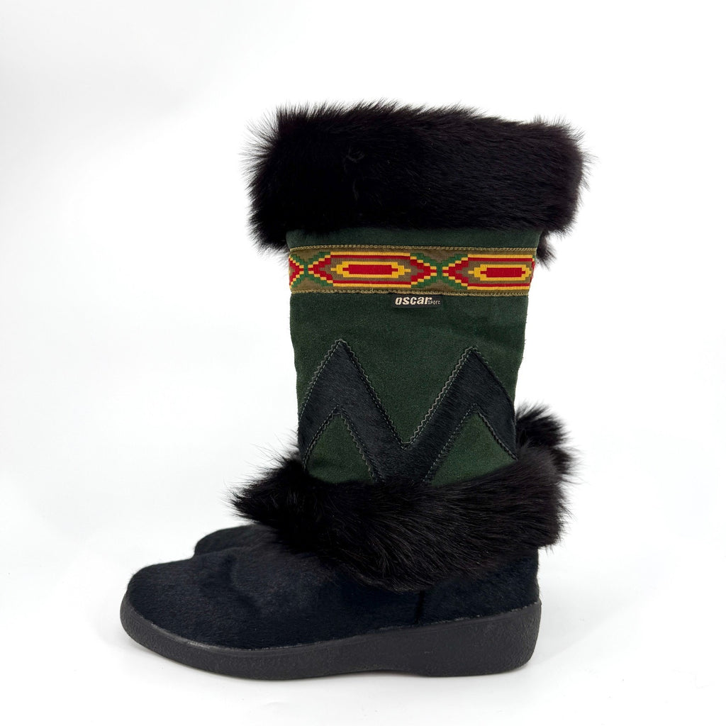 Vintage 90s Oscar Sport Green Suede Fur Trim Mukluk Boots