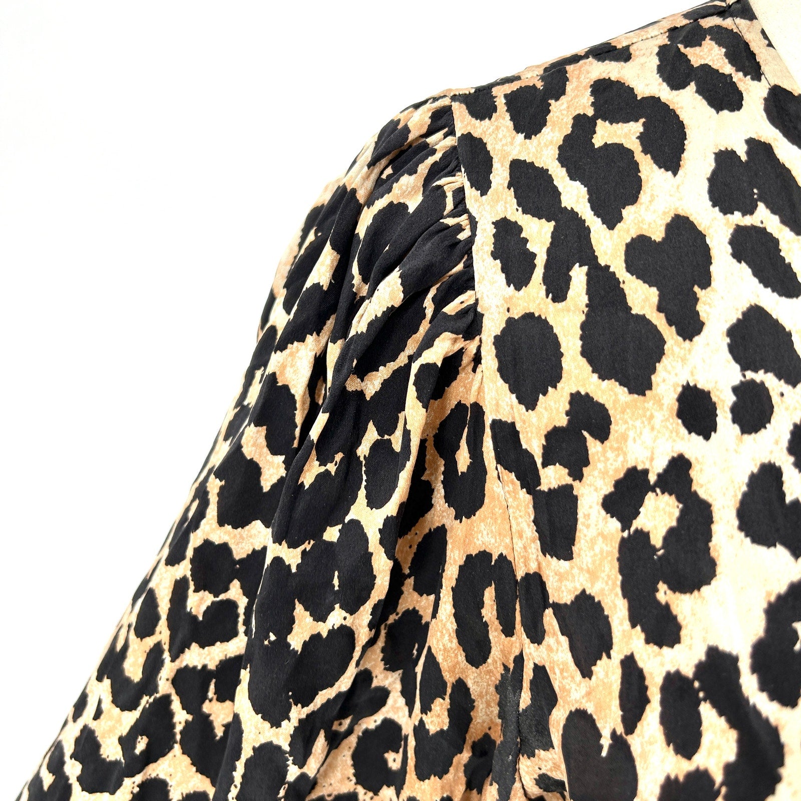 Ganni Silk Leopard Print Long Sleeve V-Neck Wrap Maxi Dress