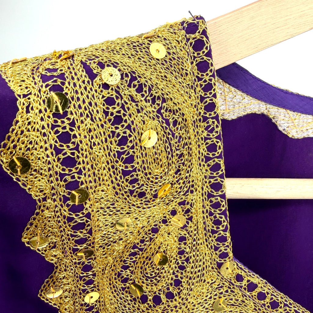 Vintage 90s Purple Gold Embroidered Sequin African Kaftan Maxi Dress