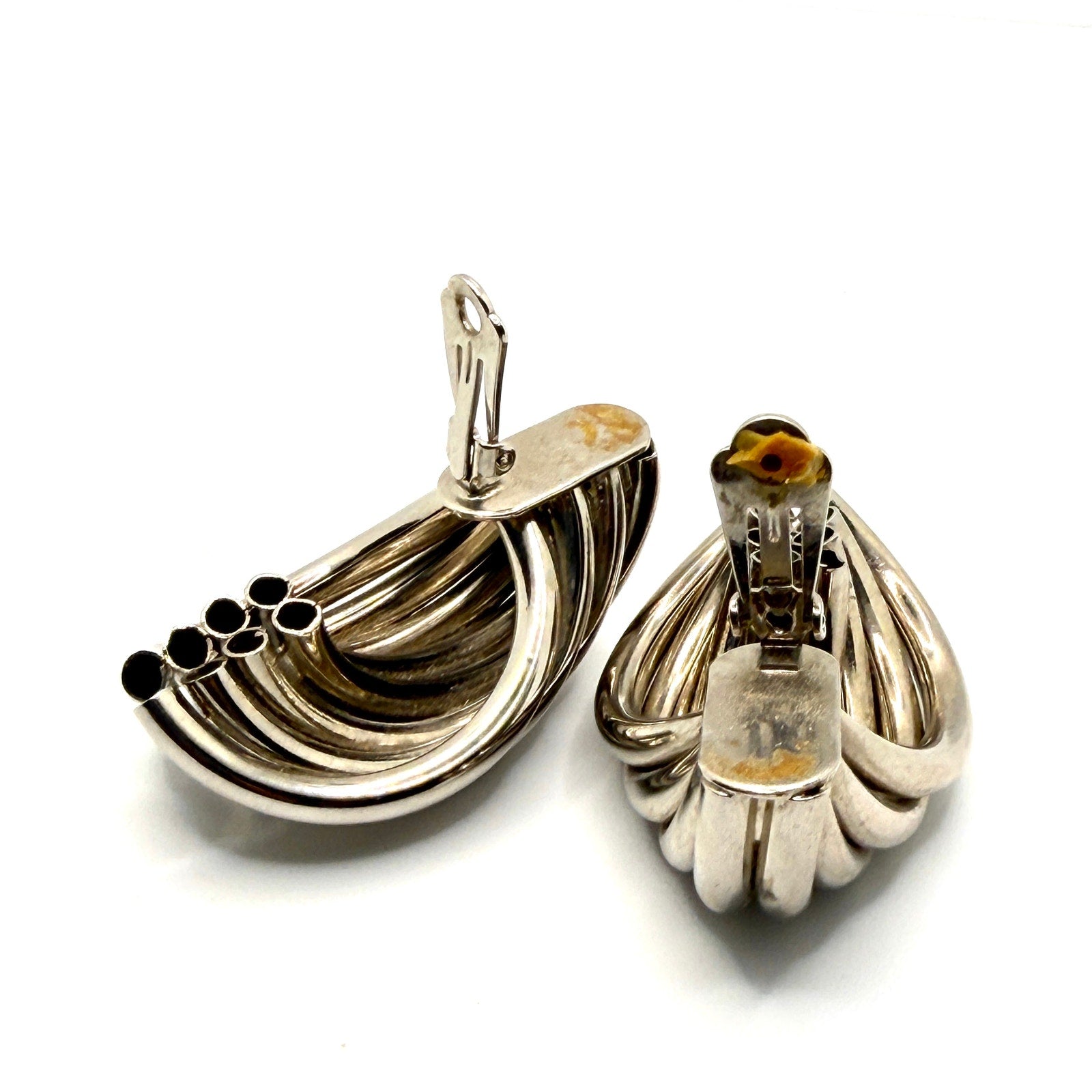 Vintage 80s Bold Sterling Silver Tubular Shrimp Swirl Hoop Clip Earrings