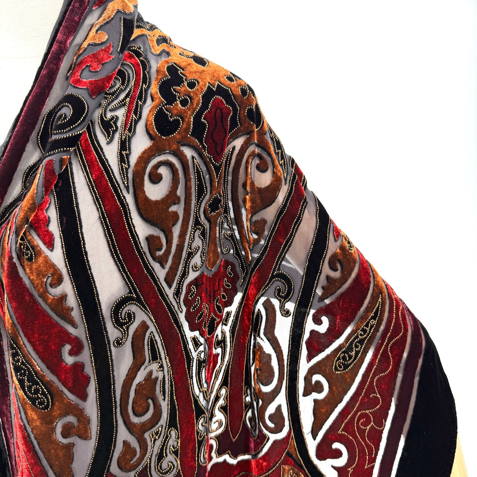 Vintage 90s Felicianni Black Red Gold Paisley Burnout Velvet Fringed Wrap Scarf