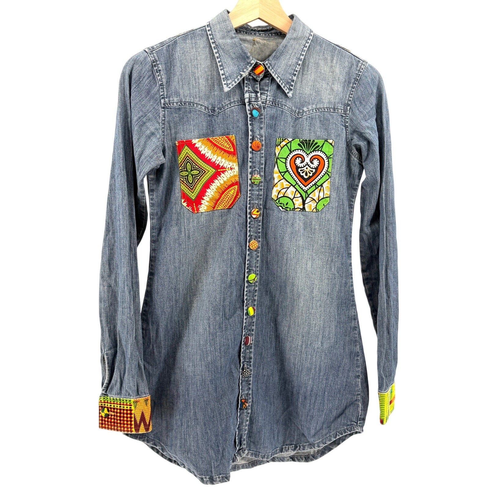 Vintage 90s Custom Denim Patchwork African Wax Print Long Sleeve Shirt