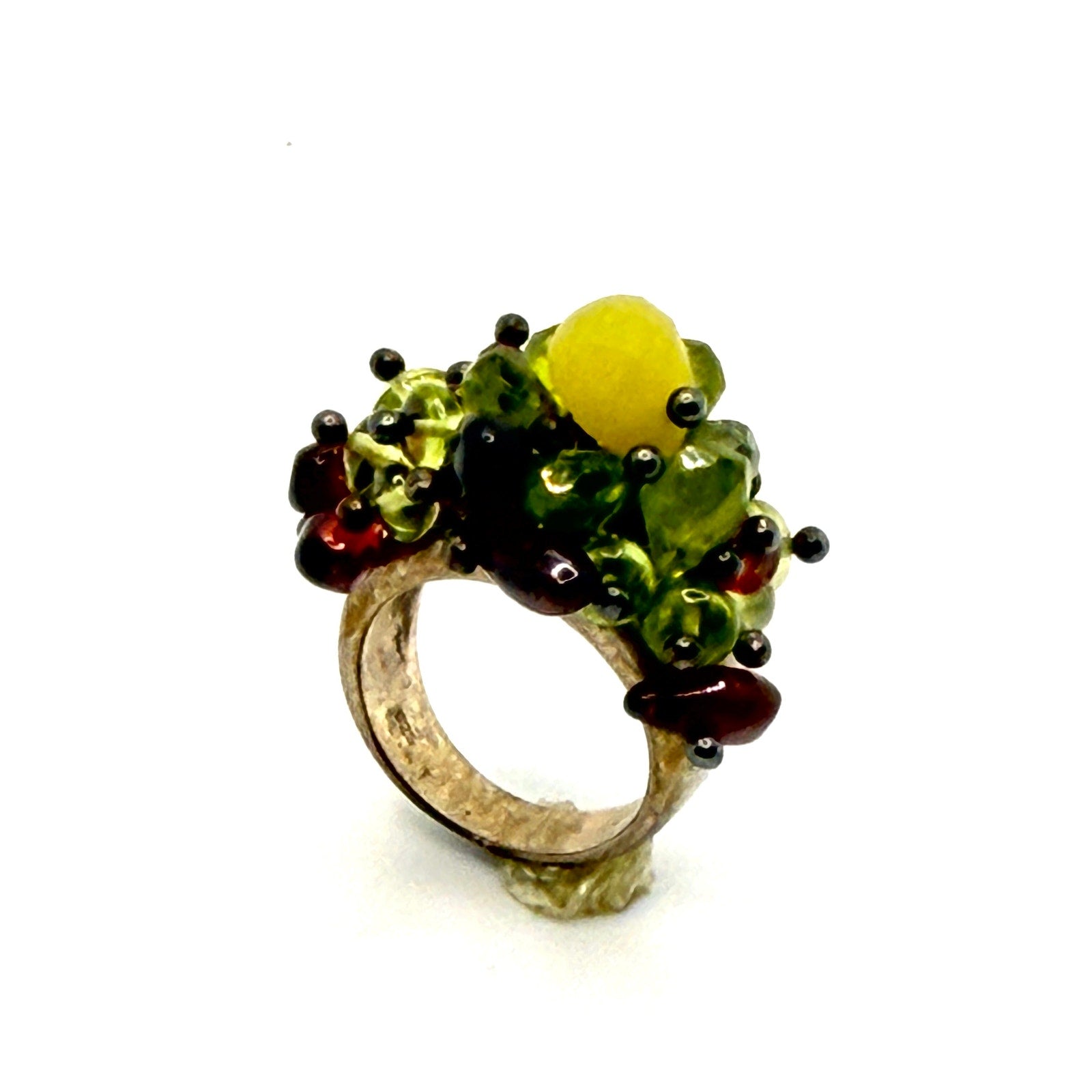 Vintage Y2K Sterling Silver Stamped Multi Gemstone Peridot Garnet Cluster Ring