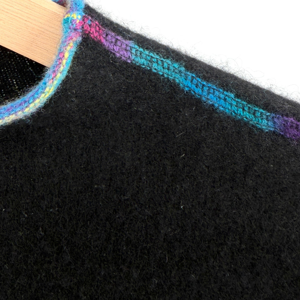 COMOBOCA Black 100% Cashmere Rainbow Trim Crewneck Sweater