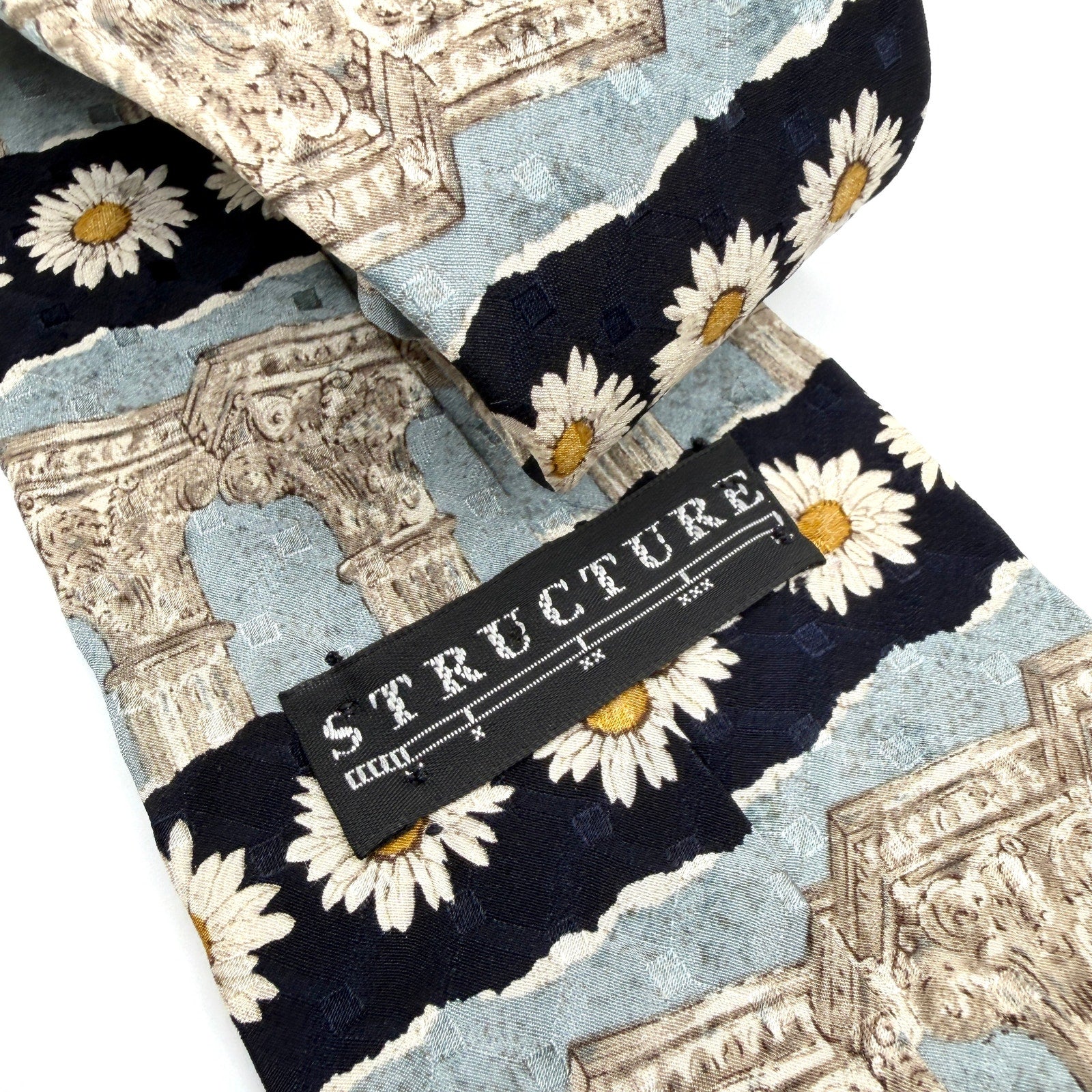 Vintage 90s Structure Blue Silk Architectural Column Daisy Necktie
