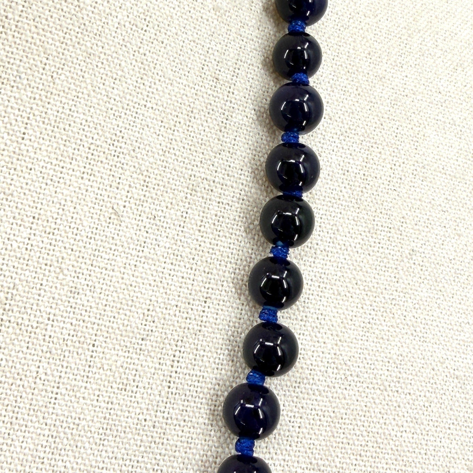 Vintage Cobalt Blue Glass Knotted Bead Barrel Clasp Necklace