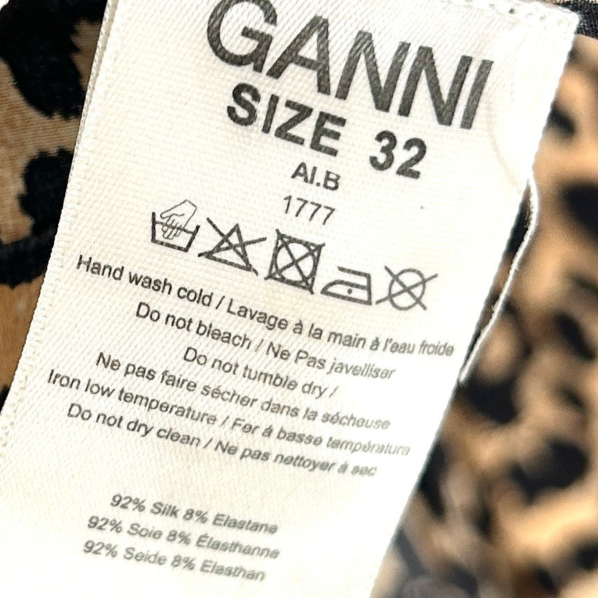 Ganni Silk Leopard Print Long Sleeve V-Neck Wrap Maxi Dress