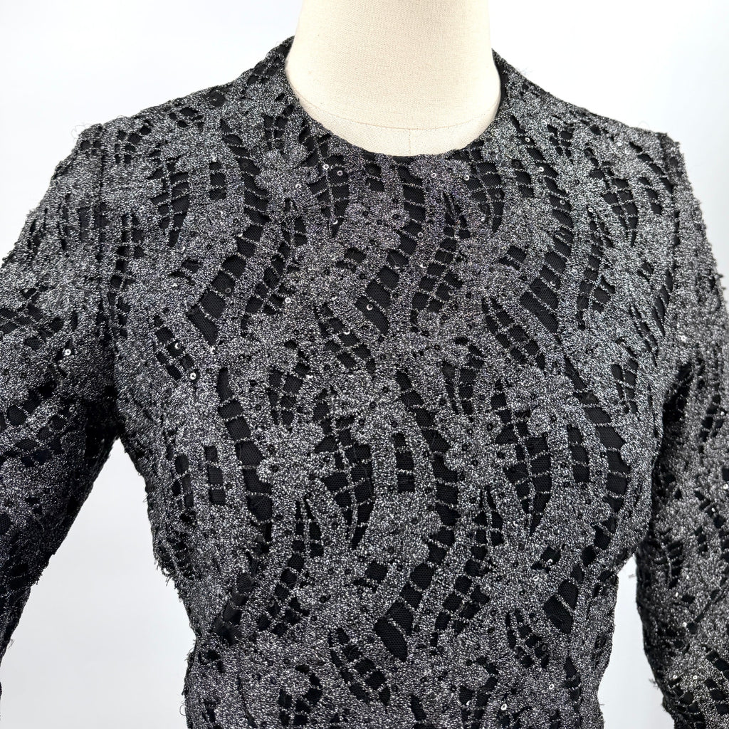 Vintage Y2K Gunmetal Black Metallic Lace Sequin Formal Evening Gown