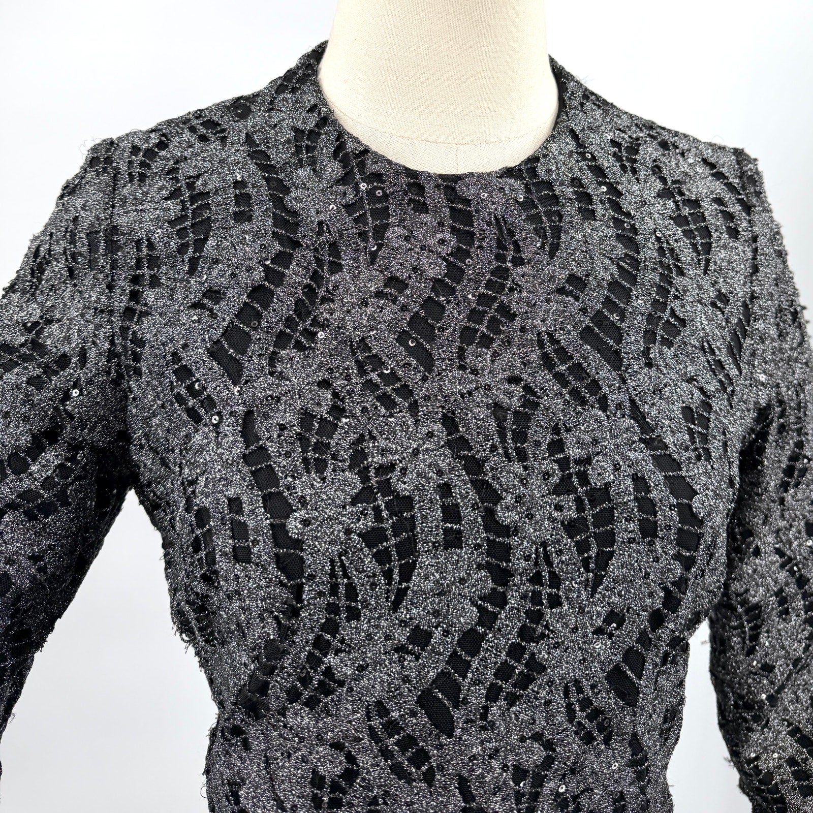 Vintage Y2K Gunmetal Black Metallic Lace Sequin Formal Evening Gown