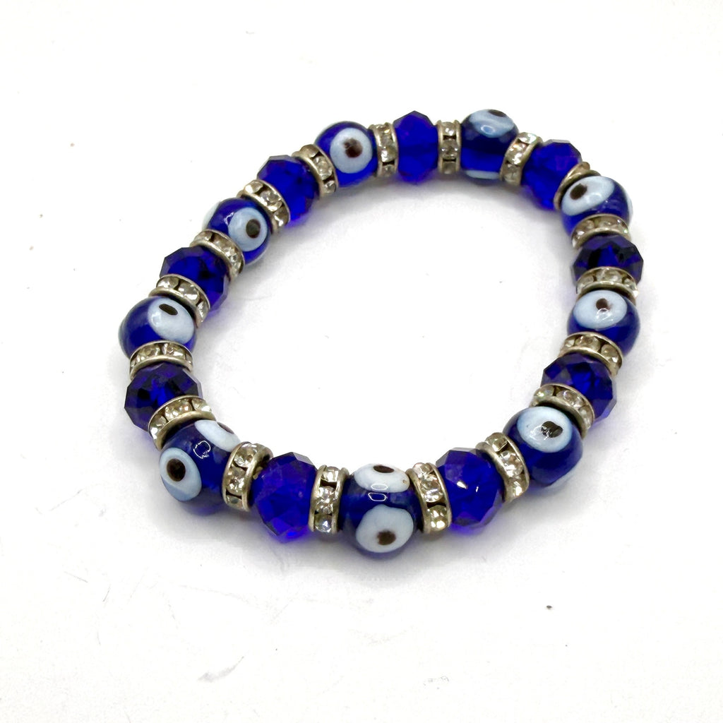 Cobalt Blue Glass Rhinestone Evil Eye Protection Stretch Bracelet