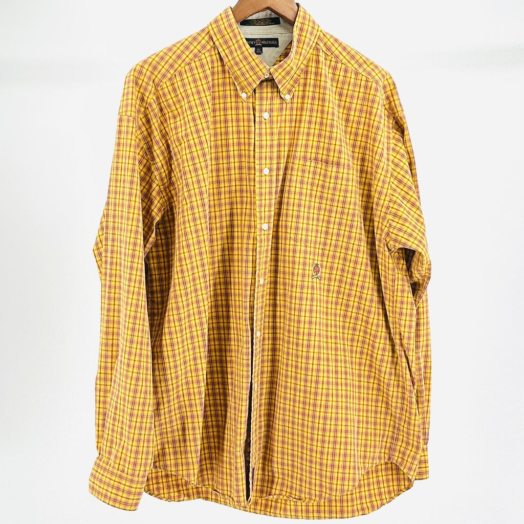 Vintage 90s Tommy Hilfiger Yellow Red Plaid Cotton Button-Down Shirt