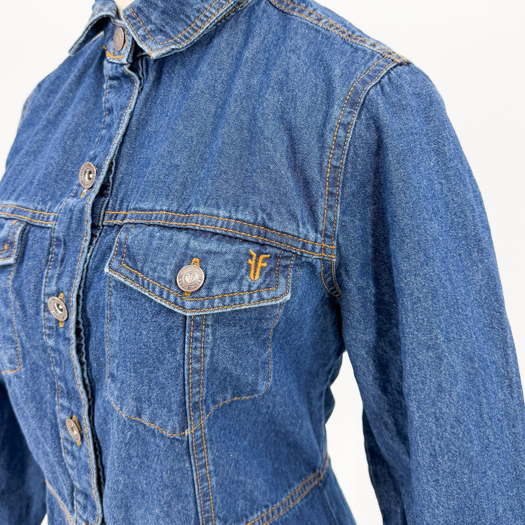 Frye Blue 100% Cotton Button Front Pocket Denim Mini Shirt Dress