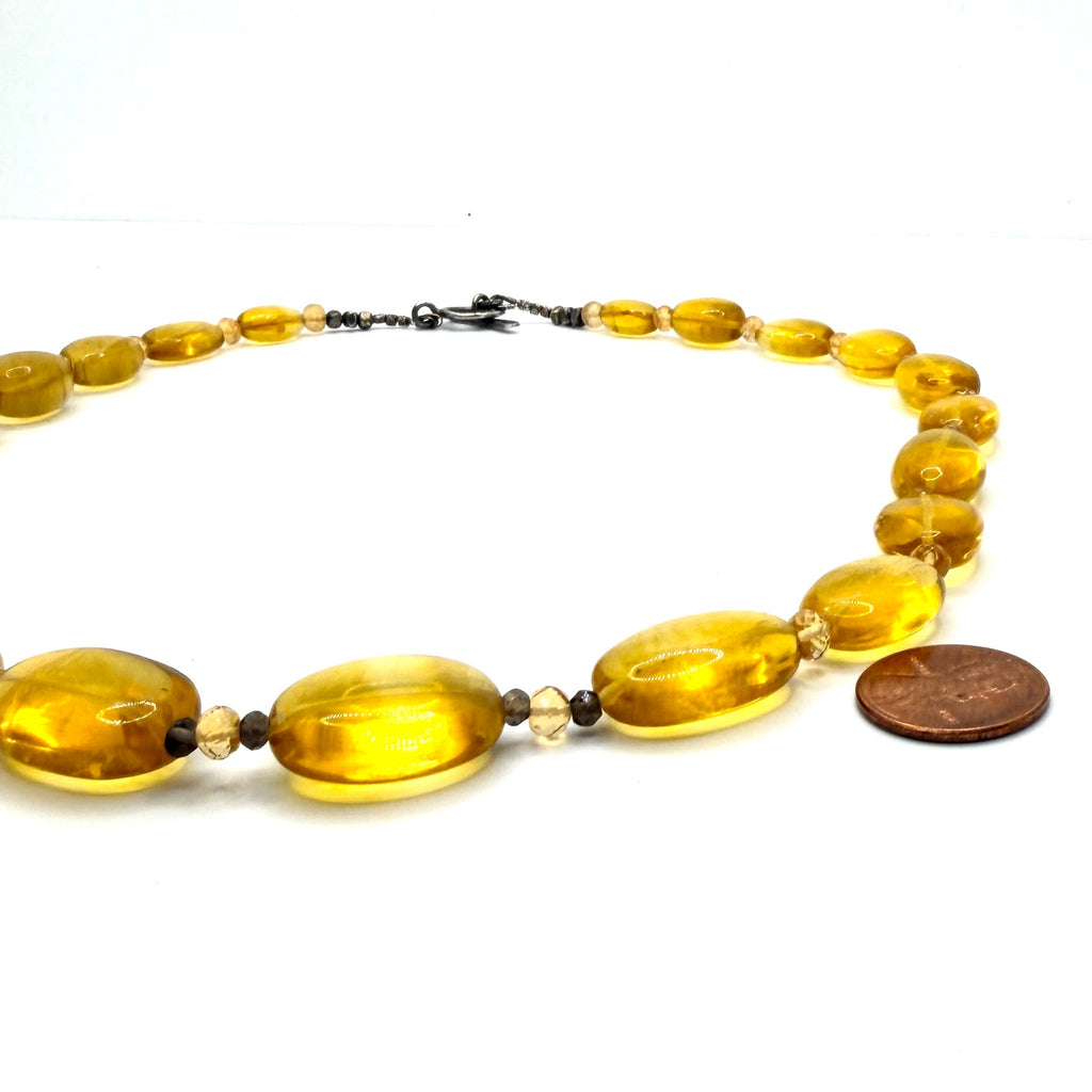 Vintage 90s Honey Citrine Quartz Smoky Quartz Hammered Toggle Statement Necklace