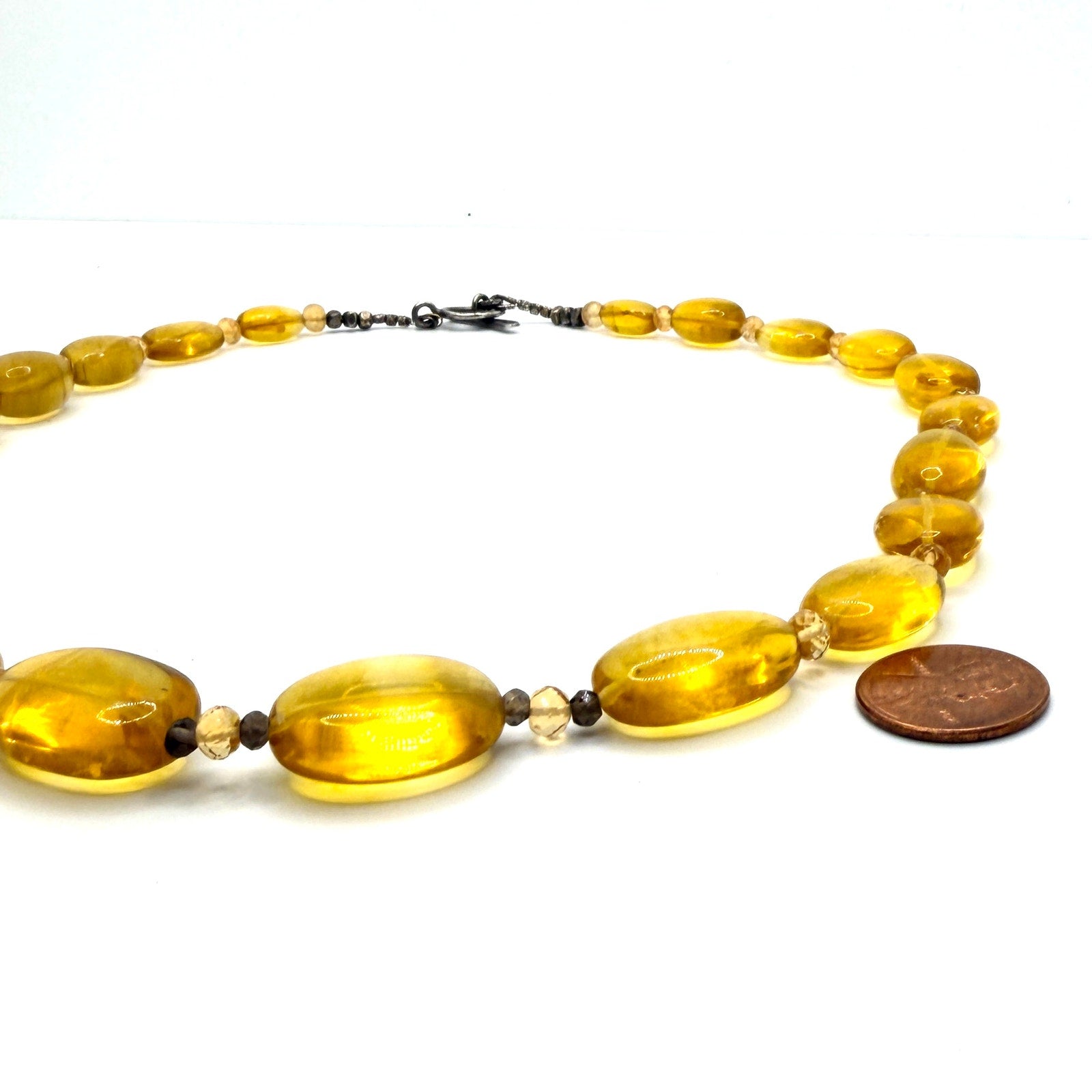 Vintage 90s Honey Citrine Quartz Smoky Quartz Hammered Toggle Statement Necklace