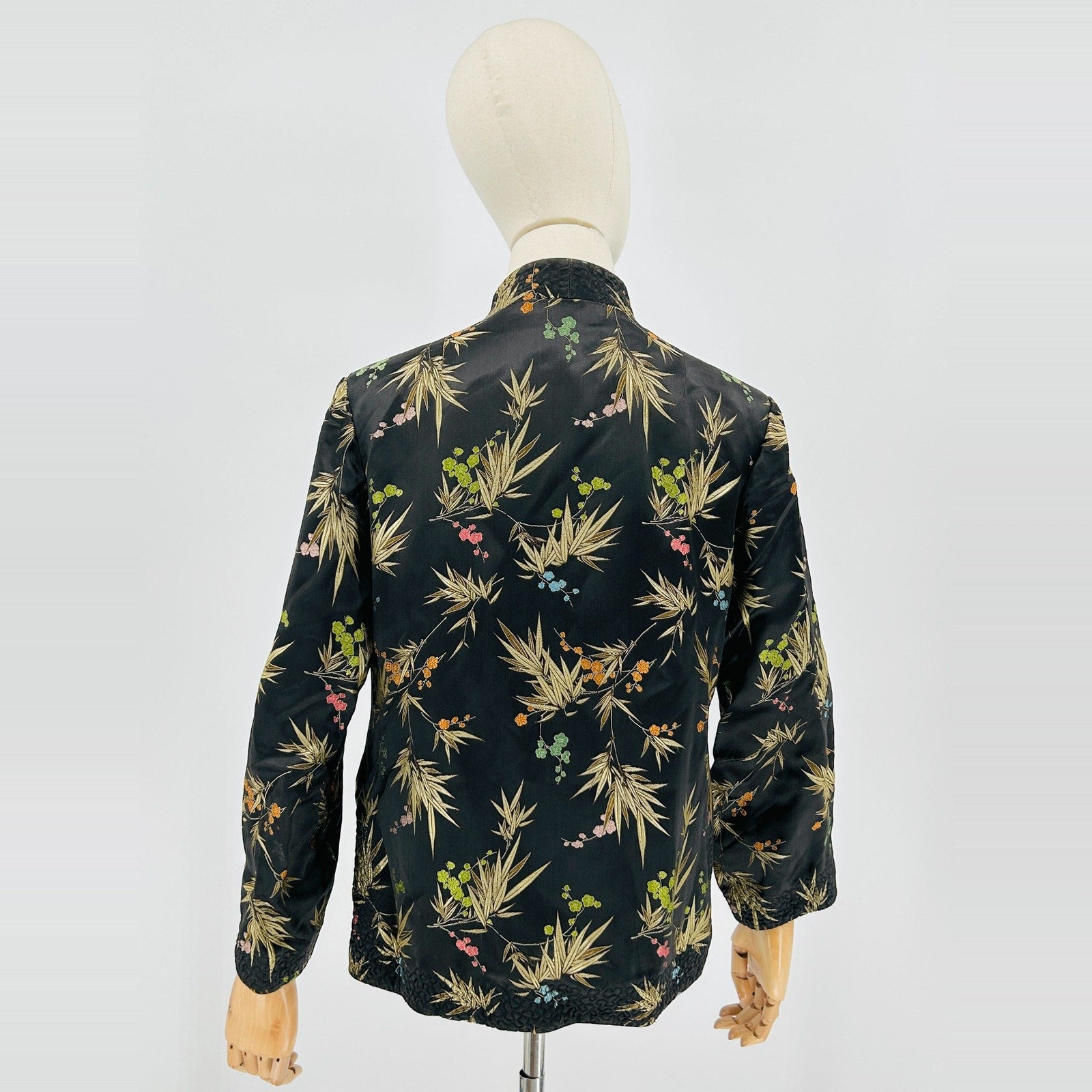 Vintage 80s Chinese Black Satin Gold Bamboo Embroidered Reversible Jacket
