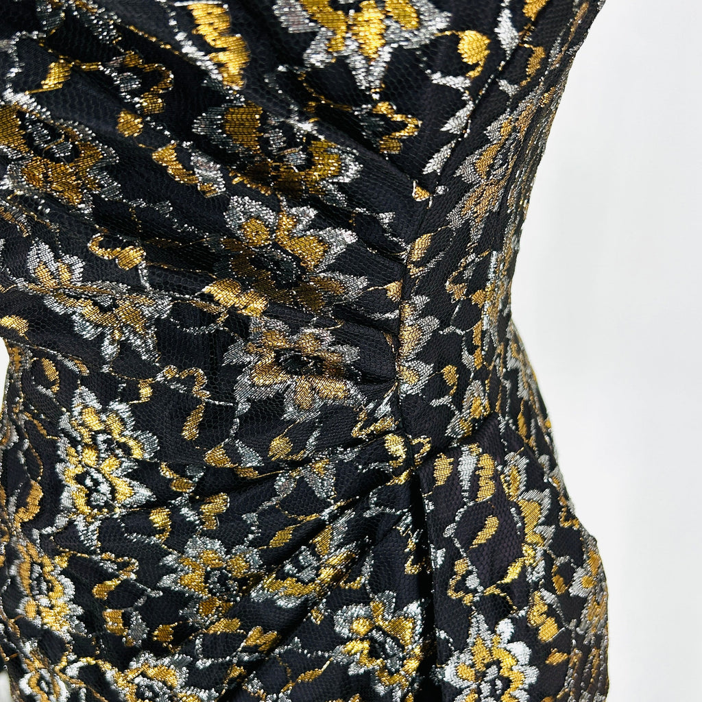 Vintage 50s/60s Black Gold Metallic Floral Lace Evening Cocktail Dress