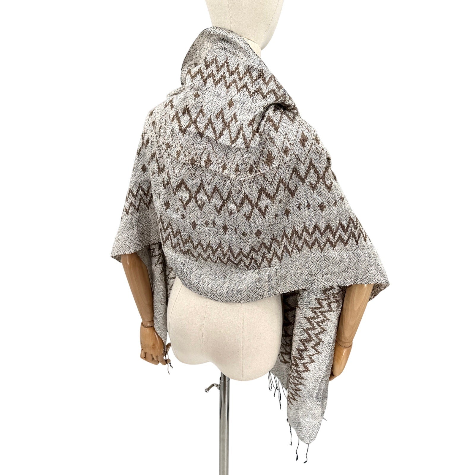Vintage Y2K Silver Brown 100% Silk Geometric Fringe Scarf Wrap