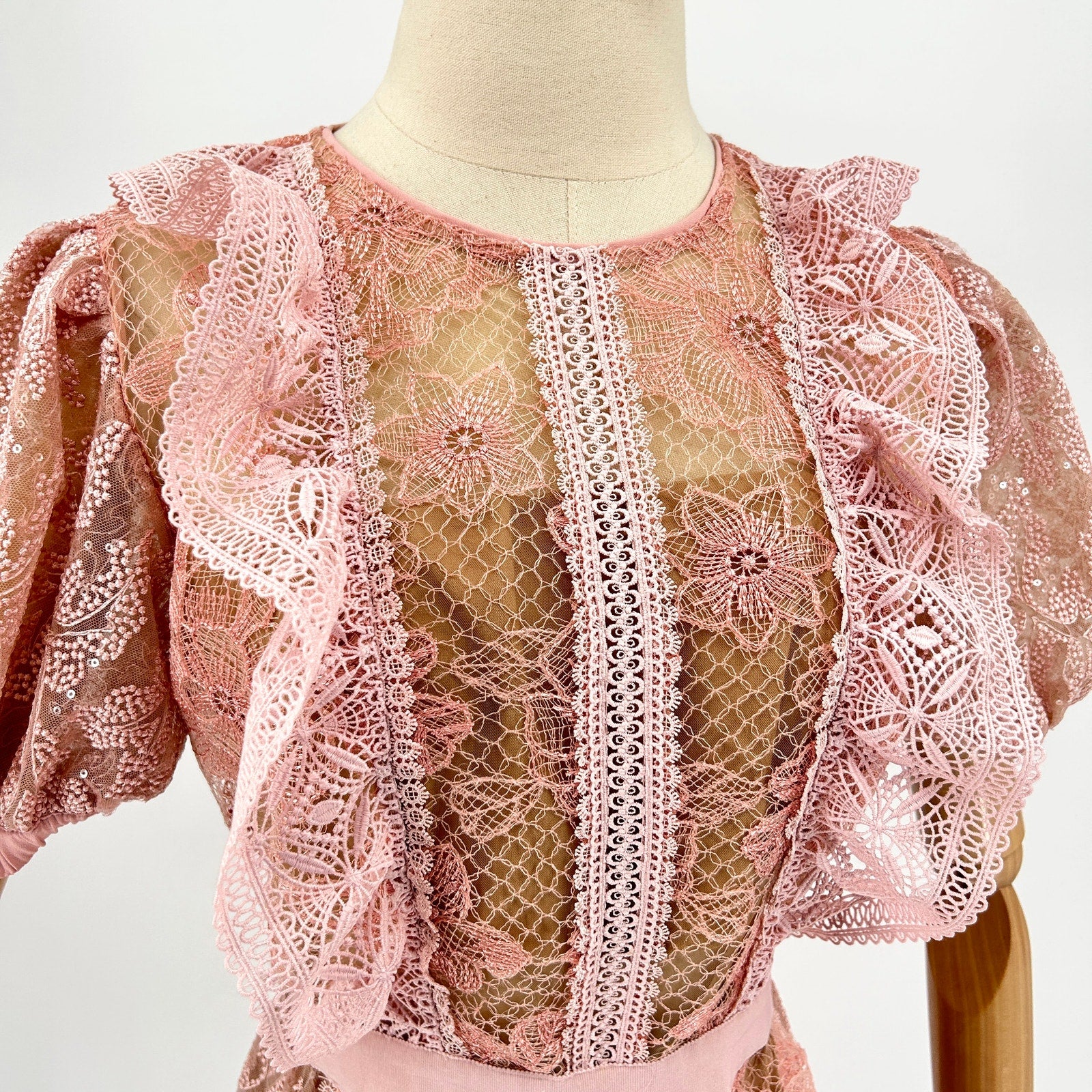 Self-Portrait Blush Pink Sequin Floral Lace Puff Sleeve Mini Dress