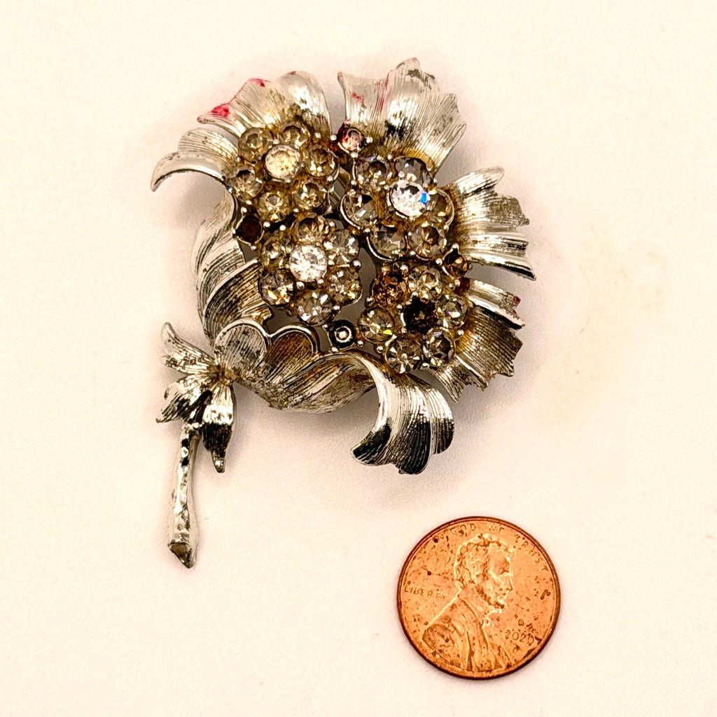 Vintage 60s Sarah Coventry Smoke Silver-tone Midcentury Stamped Floral Brooch