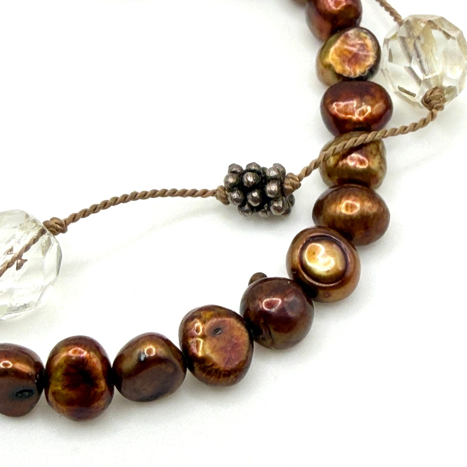 Vintage 90s Sterling Silver Bronze Freshwater Pearl Quartz Toggle Bracelet