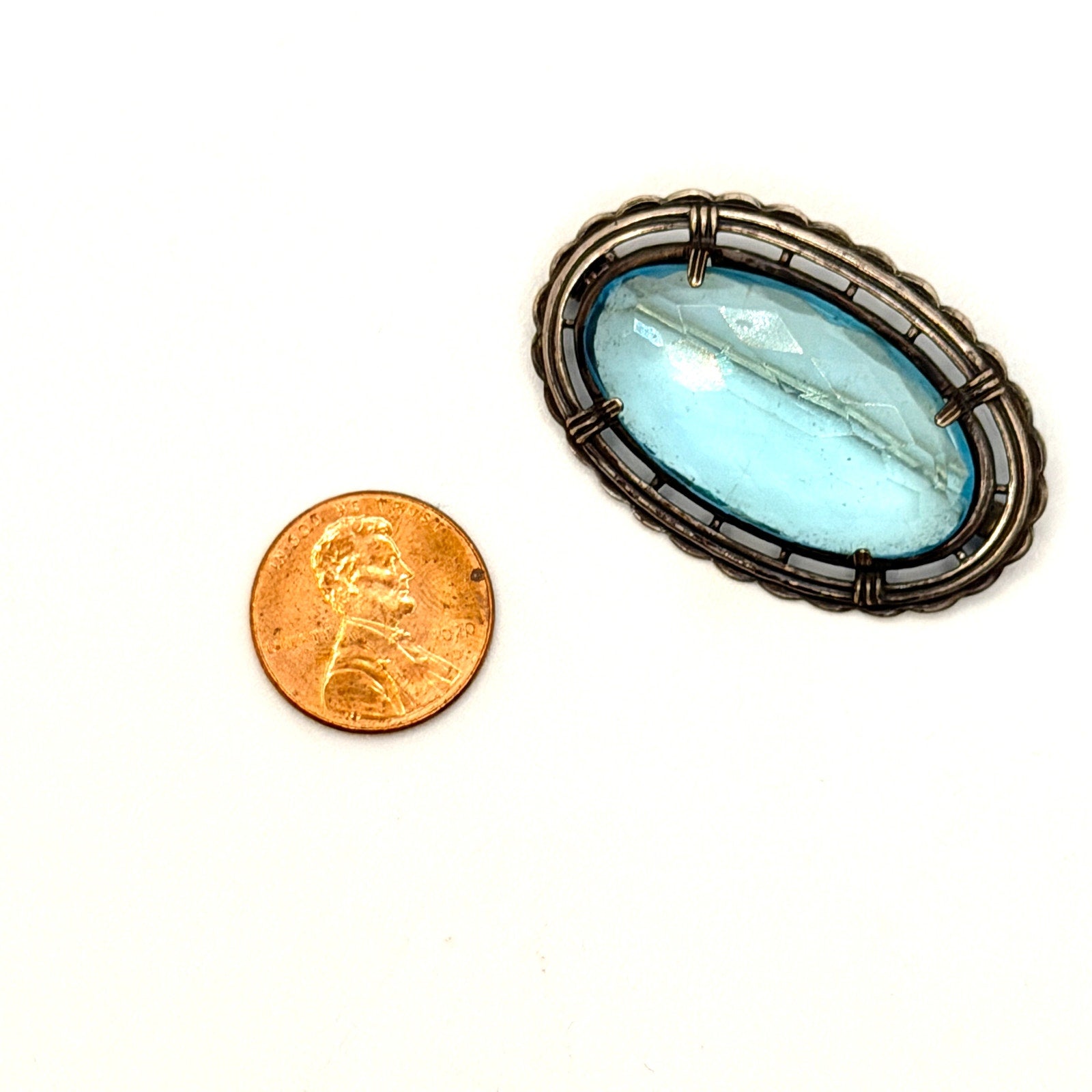 Vintage 50s Light Blue Sterling Silver Stamped Faceted Gemstone Brooch Pendant