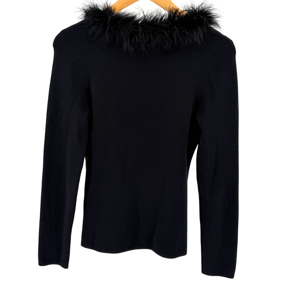 Vintage Y2K Max Studio Black Whimsigoth Genuine Feather Collar Ribbed Sweater
