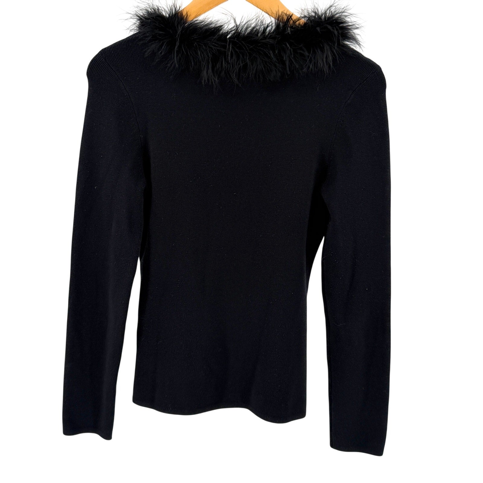 Vintage Y2K Max Studio Black Whimsigoth Genuine Feather Collar Ribbed Sweater