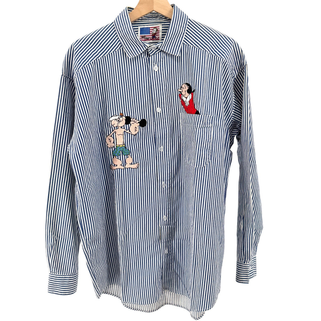 MINT Vintage 90s Too Cute Guetta Bros Popeye Blue Striped Embroidered Shirt