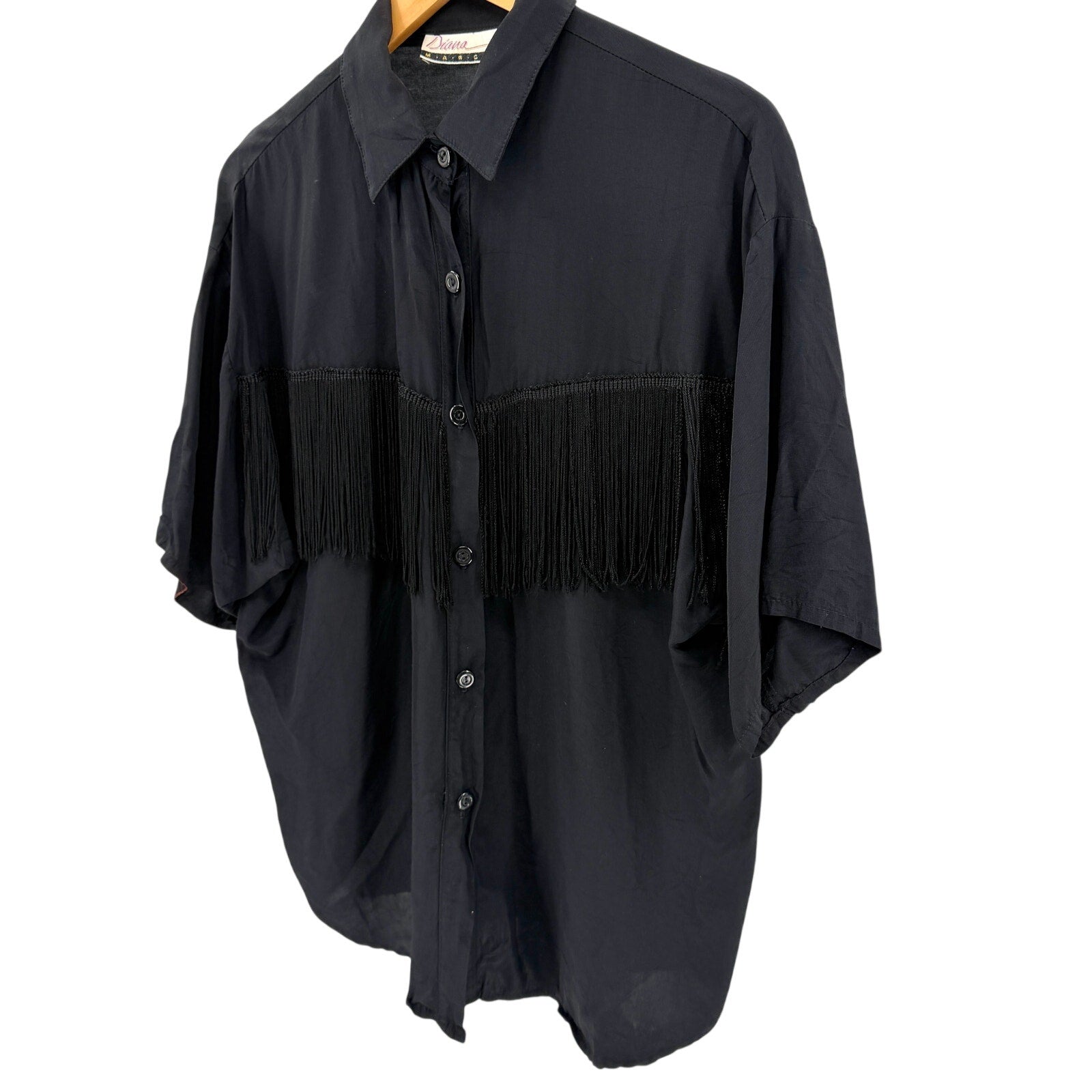 Vintage 80s Diana Marco Black Western Fringe Short Sleeve Button Down Shirt