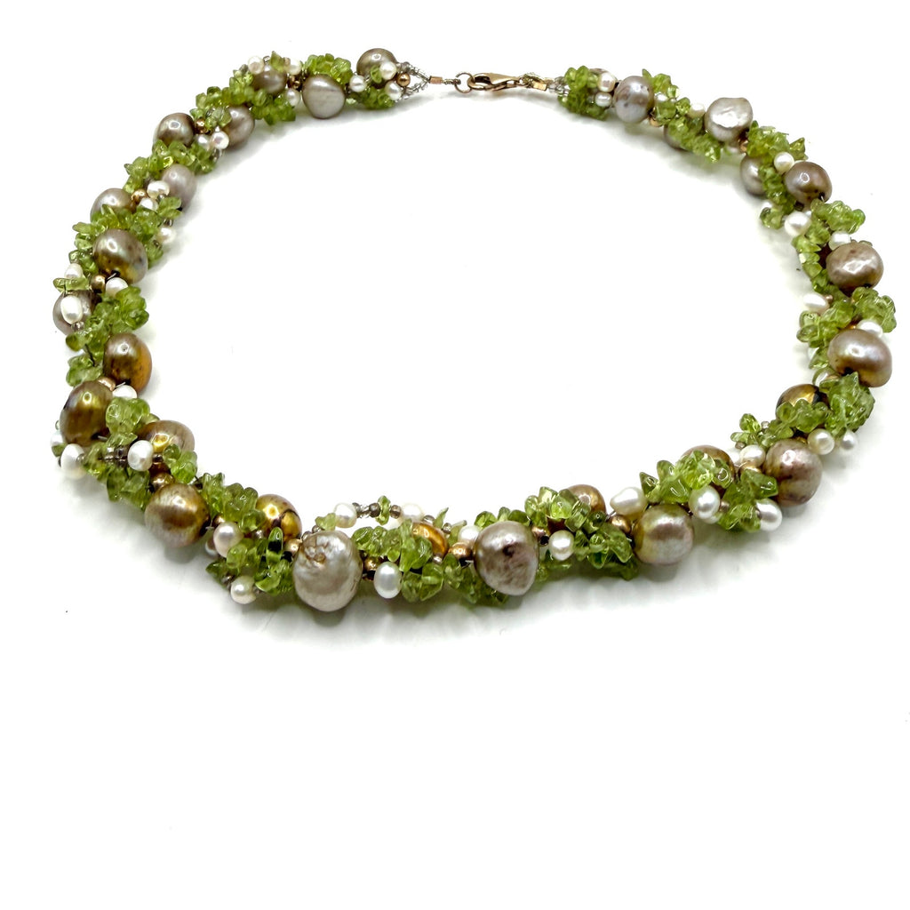 Vintage 90s Green Peridot Bronze Freshwater Pearl Cluster Necklace