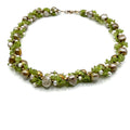 Vintage 90s Green Peridot Bronze Freshwater Pearl Cluster Necklace